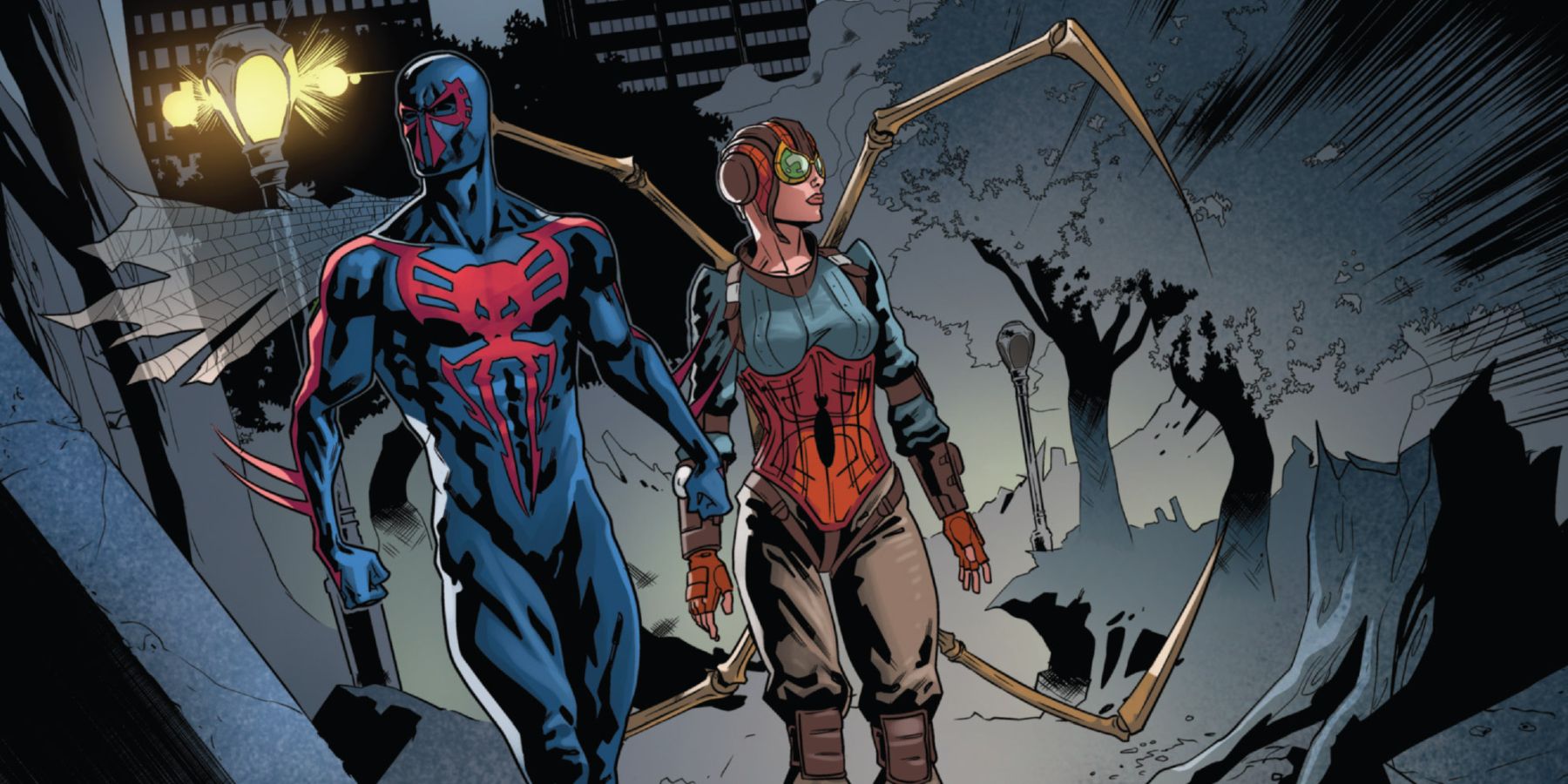 Spider-Man 2099 and Lady Spider arriving on another Earth in Spider-Man 2099 Spider-Verse