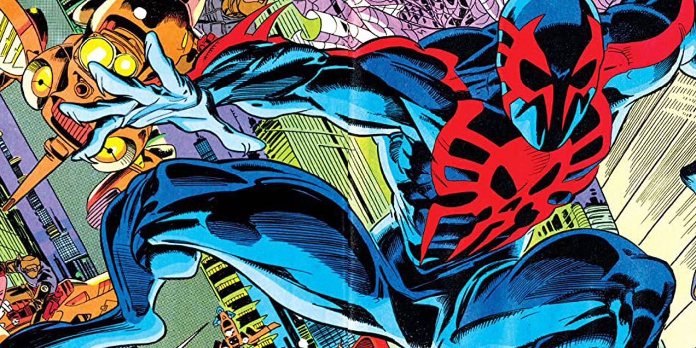 Spider-Man 2099 flies through the city in Marvel Comics.