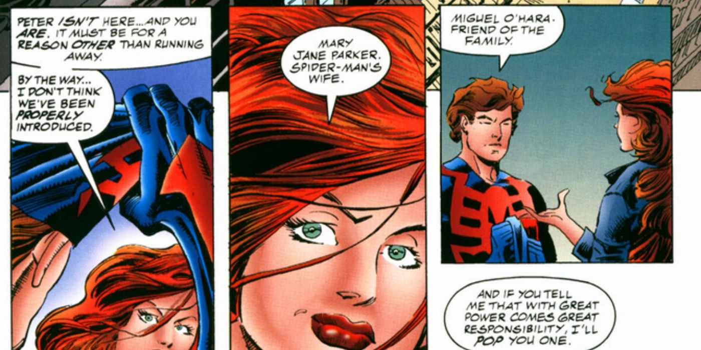 Spider-Man 2099 meets Mary Jane Watson in Marvel Comics.