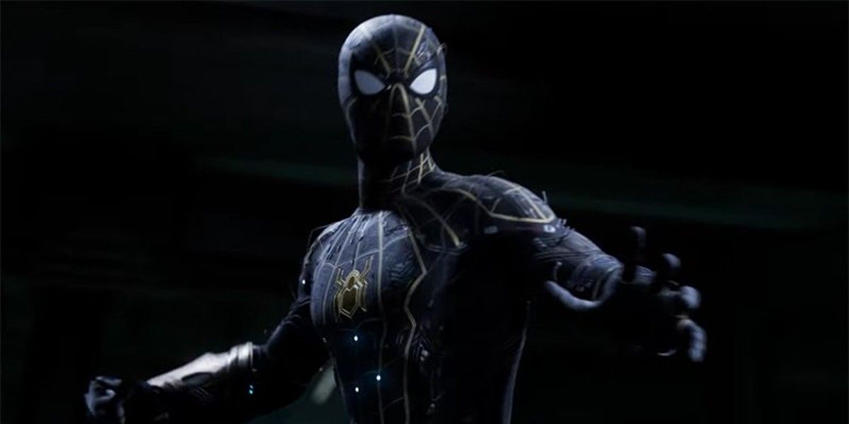 Spider-Man wearing his inside out black and gold suit in Spider-Man: No Way Home