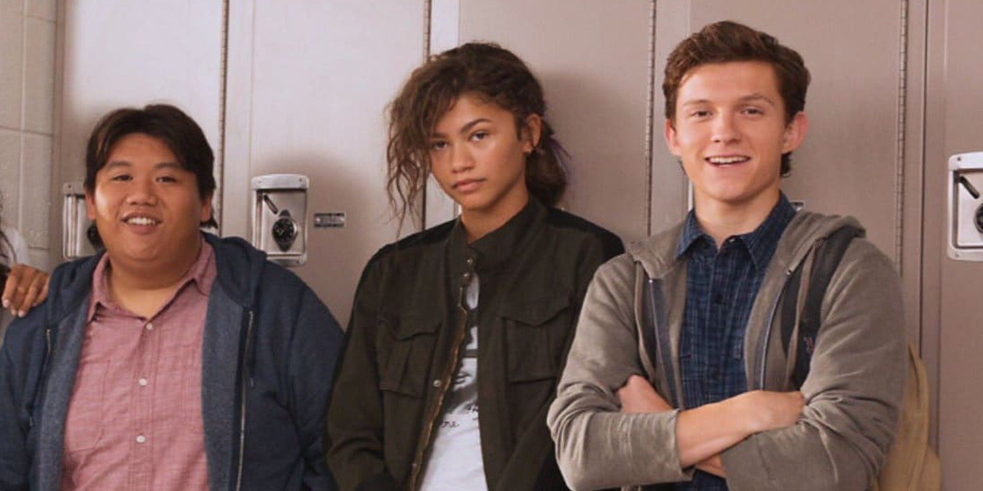 Ned, MJ and Peter leaning against the lockers in Spider-Man: Homecoming