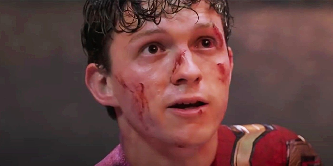 An injured Peter Parker looking up in Spider-Man: No Way Home.