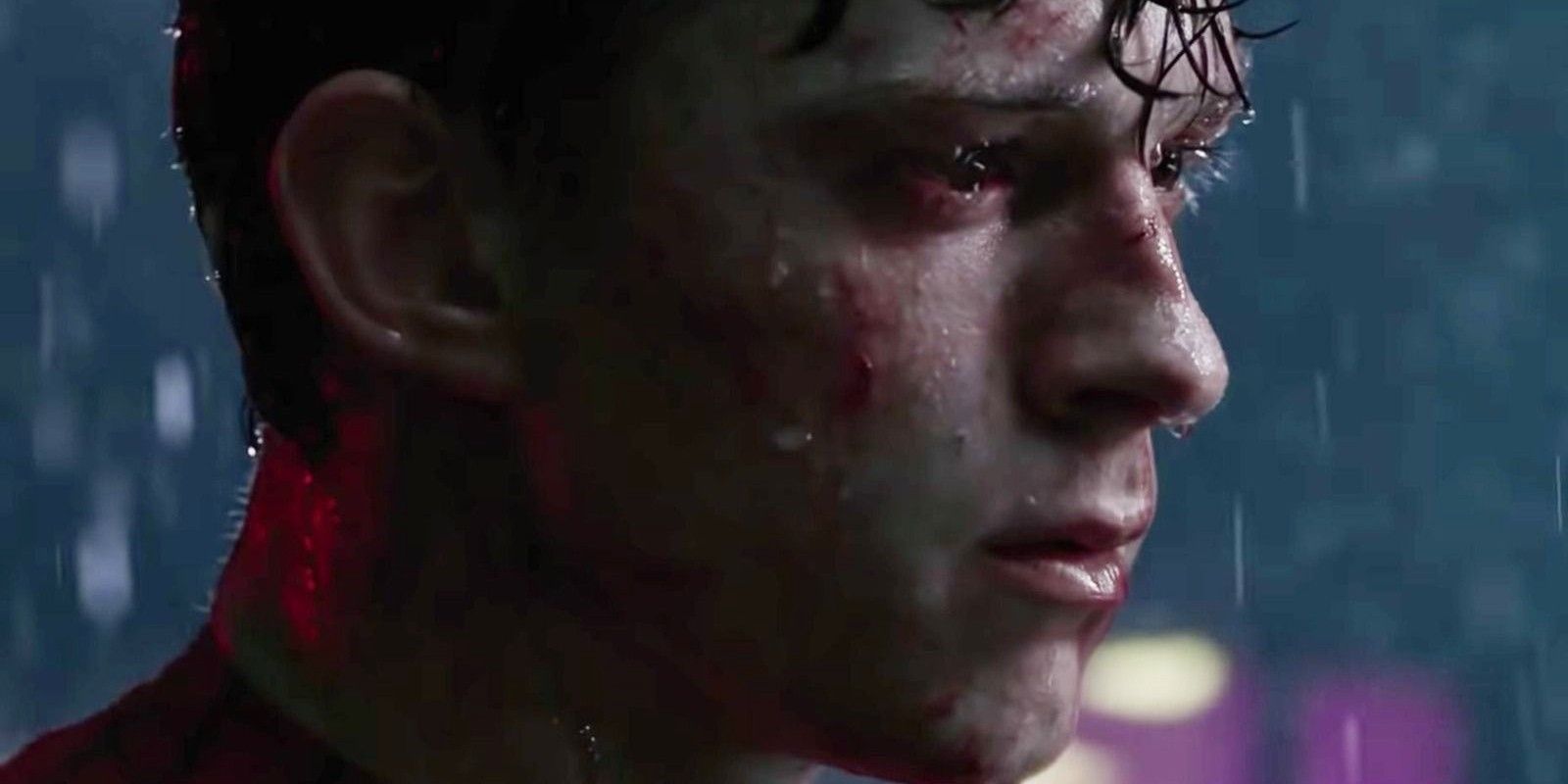 An image of Peter crying in the rain in Spider-Man: No Way Home