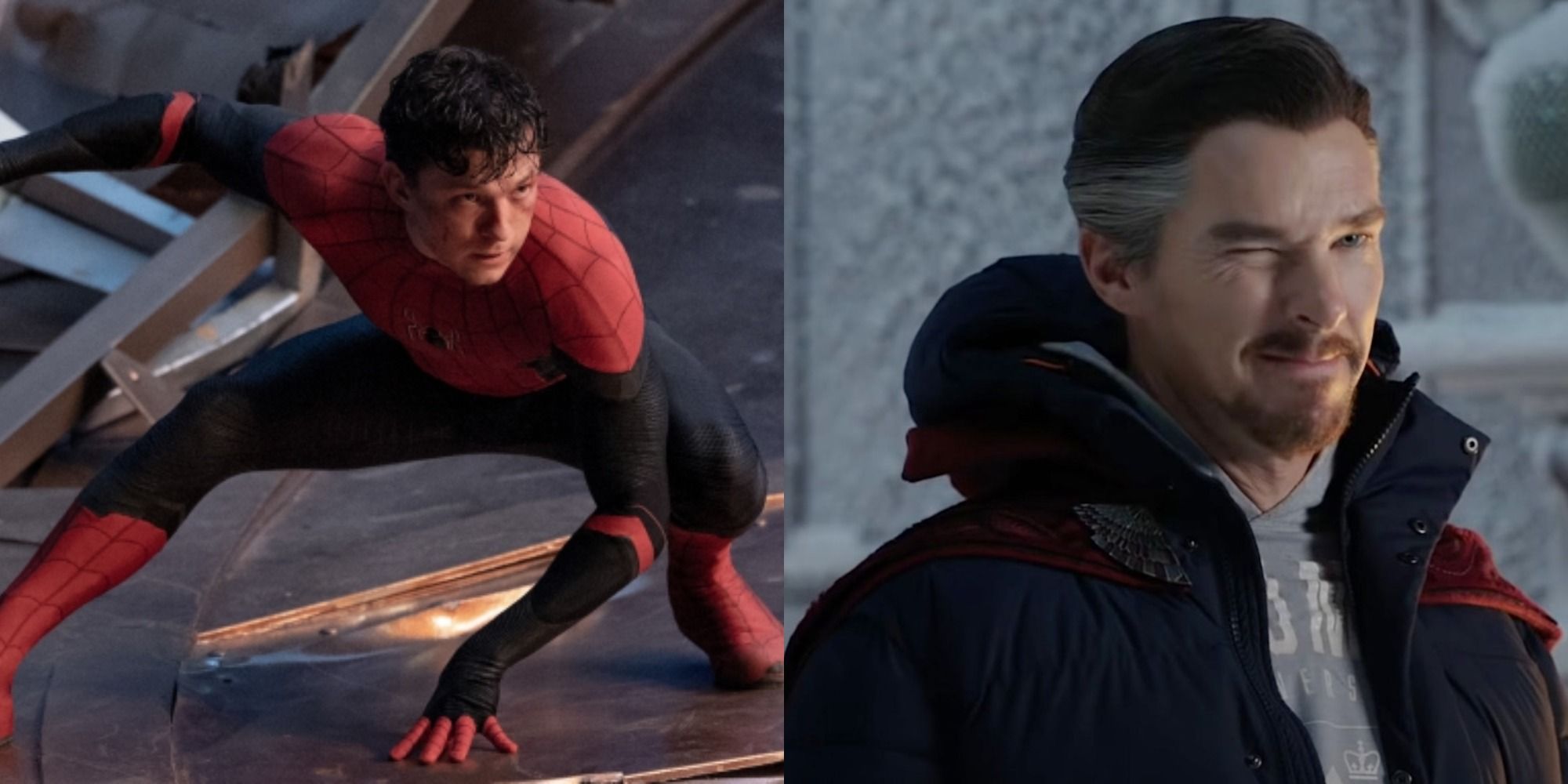 Split image showing Spider-Man with his mask off and Doctor Strange winking in Spider-Man No Way Home