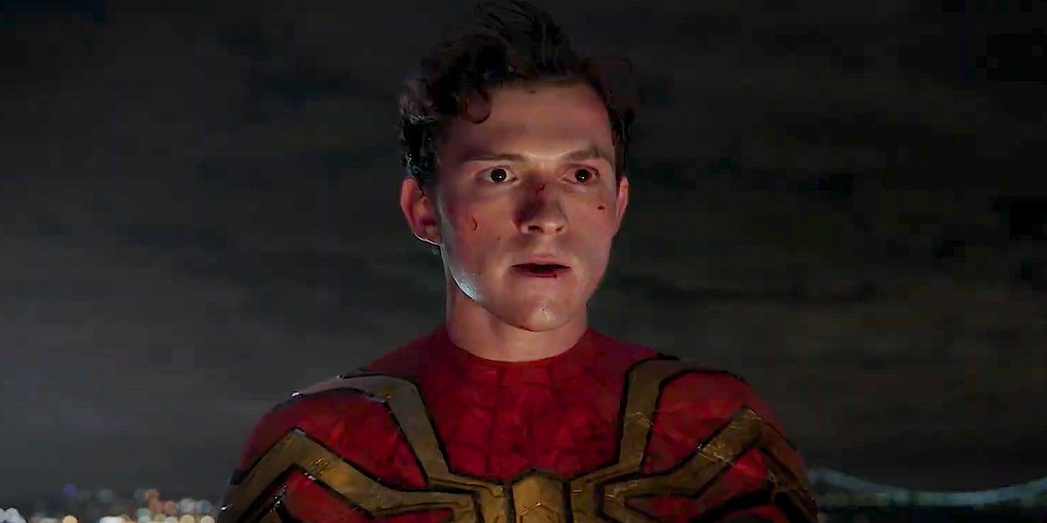 Tom Holland as Peter Parker looking concerned in Spider-Man No Way Home