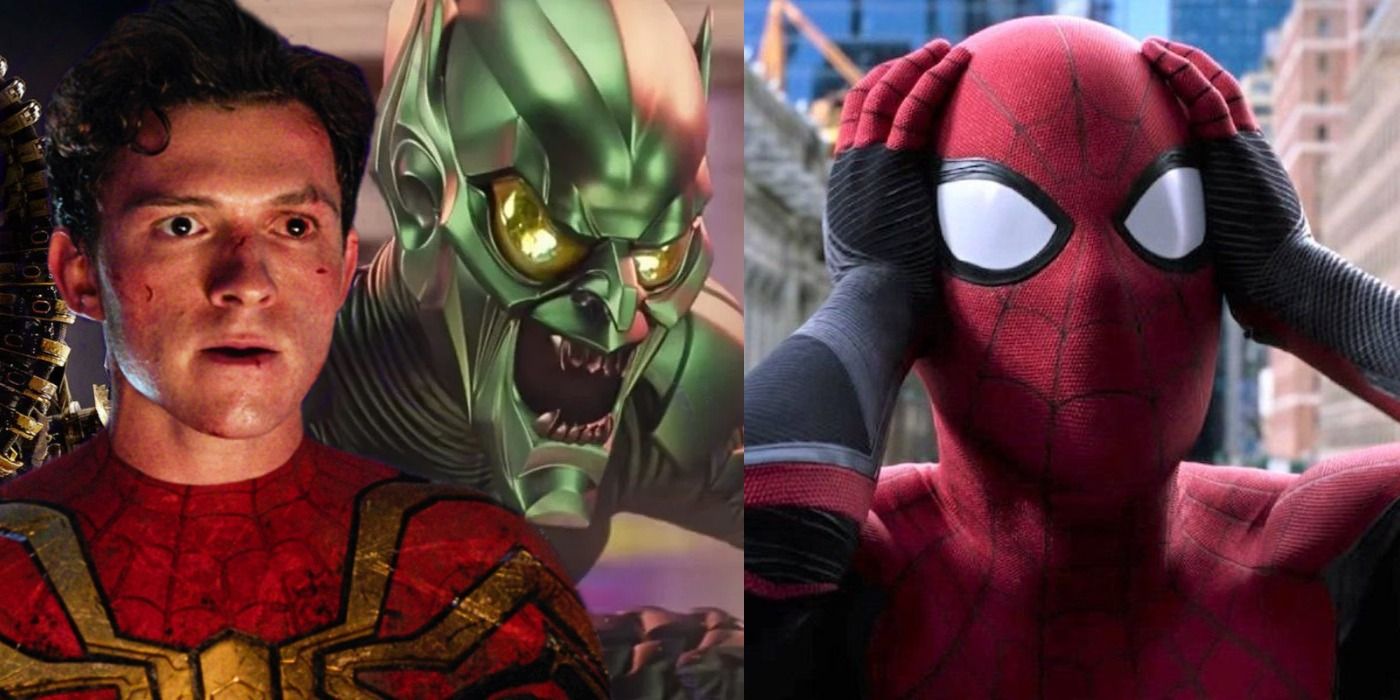 Split image: Spiider-Man next to Green Goblin/ Spider-Man looking shocked
