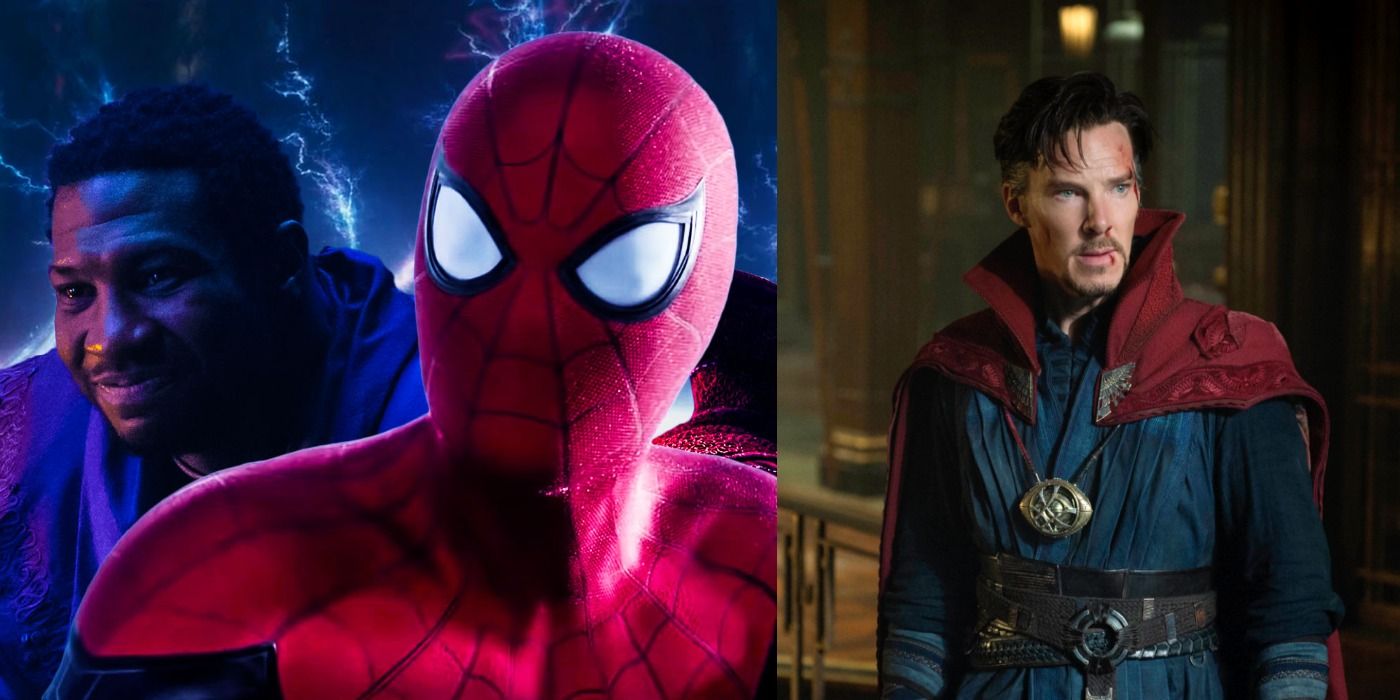 Split image of Spider-Man and Kang with Doctor Strange in the Sanctum