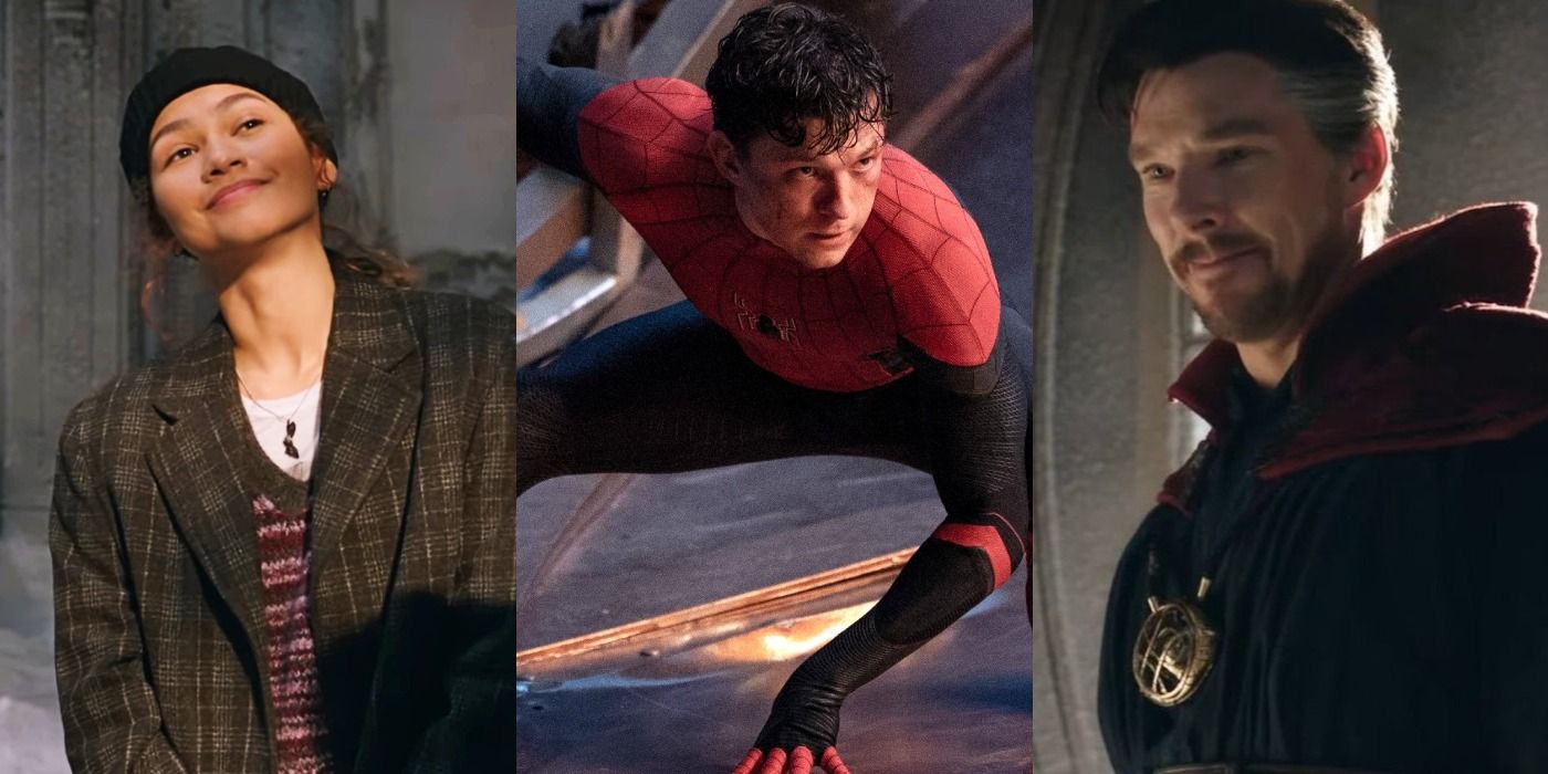 Split image of MJ, Peter, and Dr. Strange in Spider-Man No Way Home