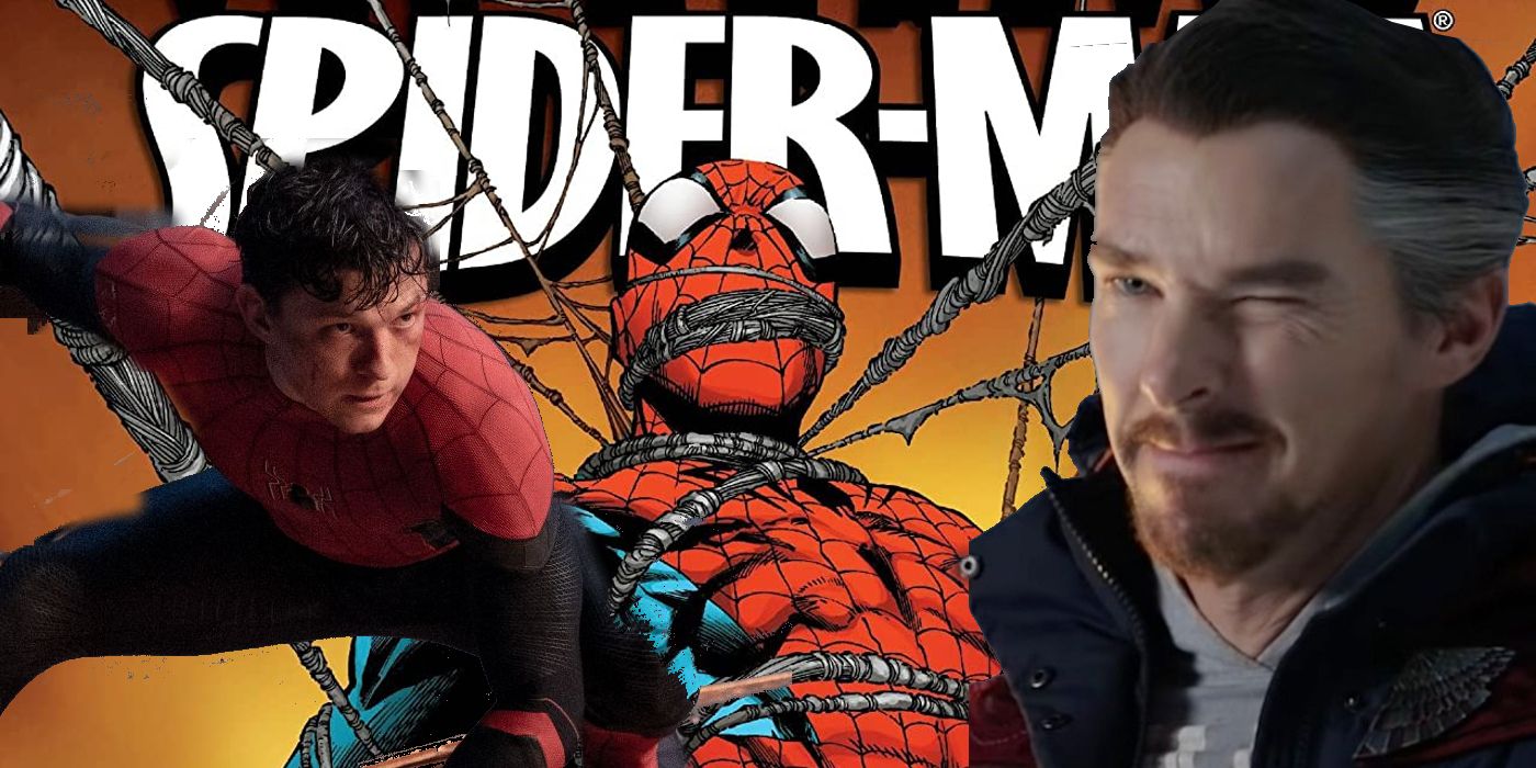 Spider-Man Tom Holland and Doctor Strange Winking on either side of comic book spider-man tied up with his own webs (cover of one more day storyline)