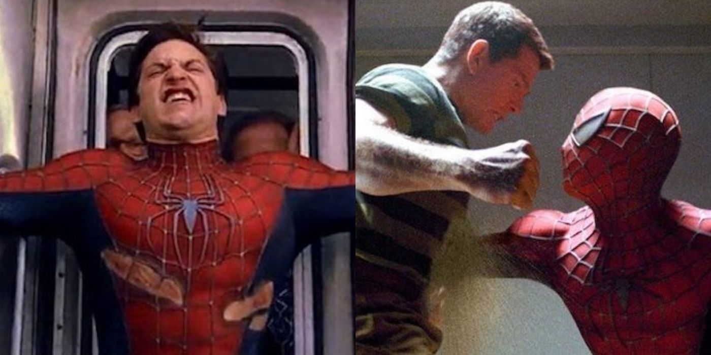Split image of Spider-Man 2 train scene and the Sandman