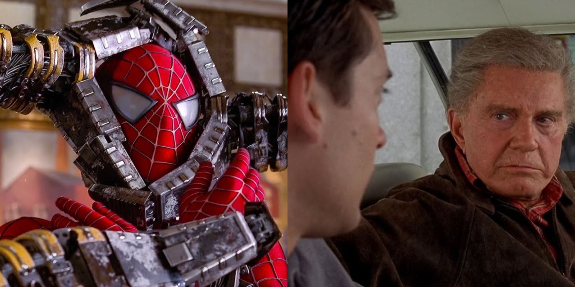 Split image showing Spider-Man being crushed by Ock and Uncle Ben