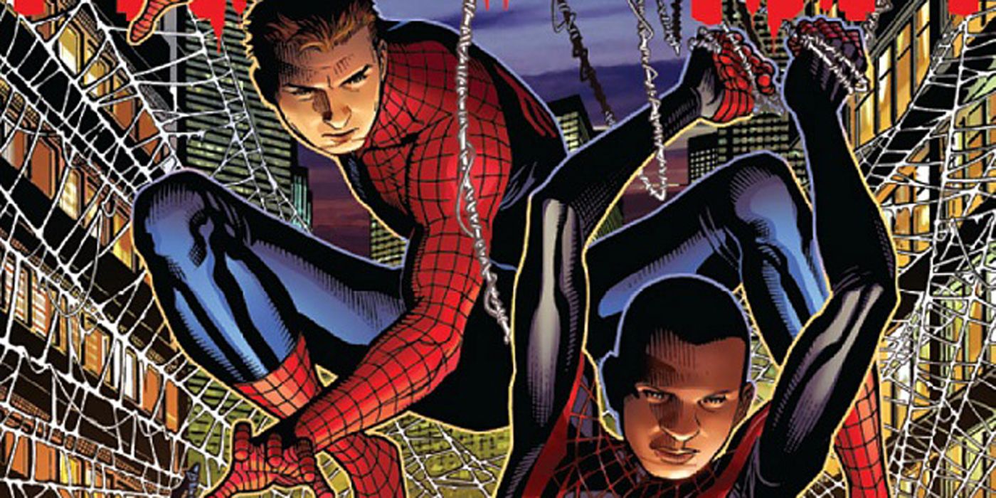 Spider-Man and Miles Morales swinging together.