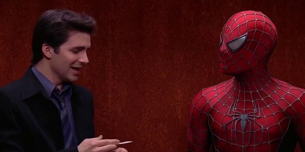 Spider Man and the elevator passenger in Spider Man