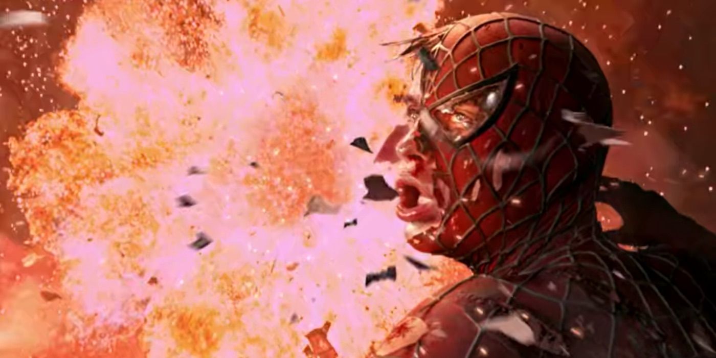 Spider Man being hit with a pumpkin bomb in Spider Man