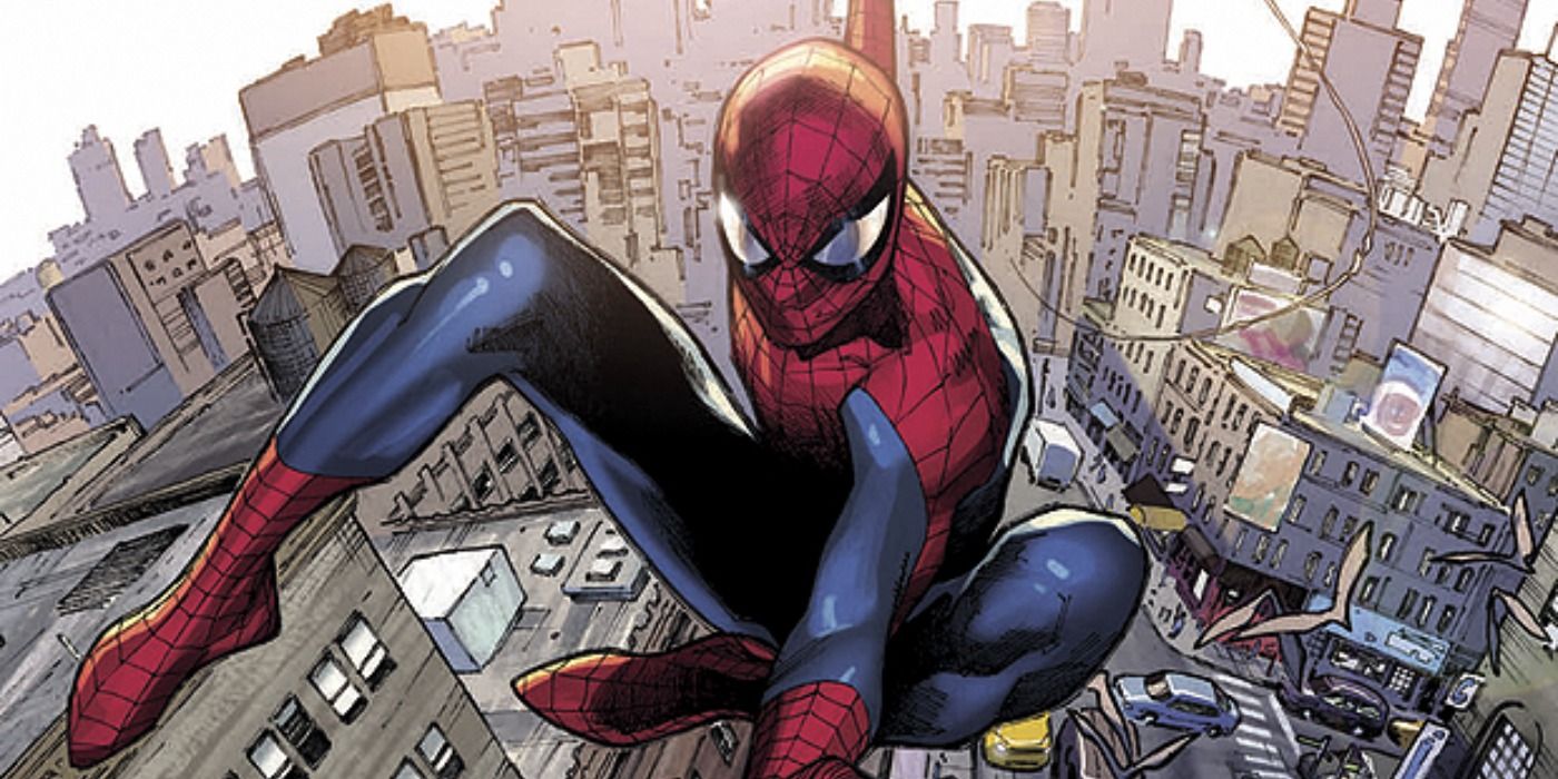 Spider-Man swinging above New York in the comics