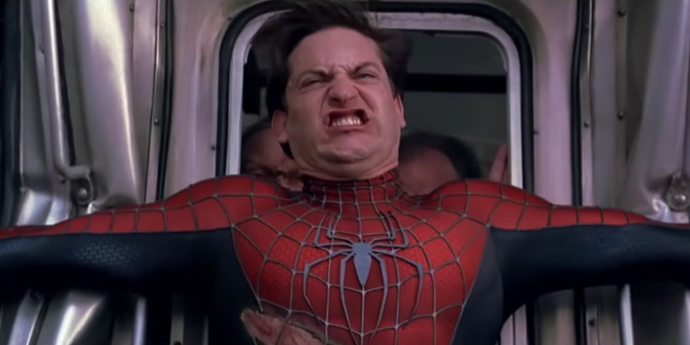 Spider-Man stopping a speeding train in Spider-Man 2.