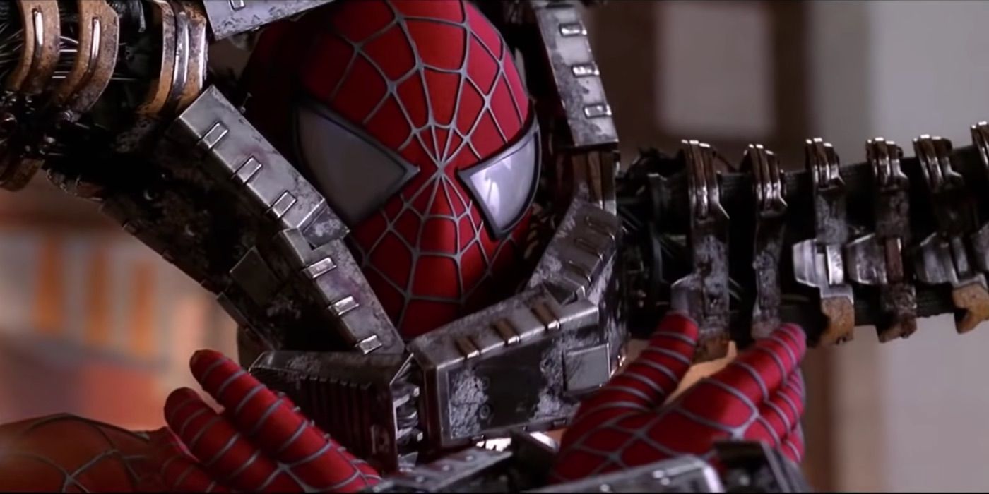 Spider-Man trapped in Doc Ock's mechanical limbs in Spider-Man 2.
