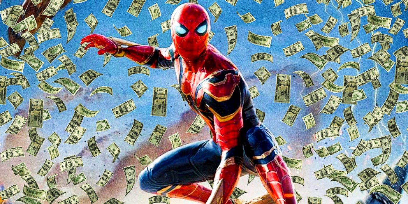 Spider-Man with money falling behind him