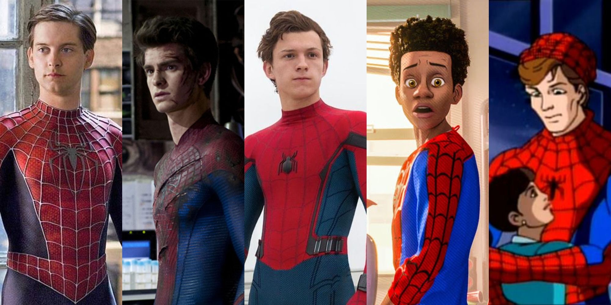Split image of Tobey Maguire, Andrew Garfield, Tom Holland, Miles Morales, and animated Peter Parker as Spider-Man