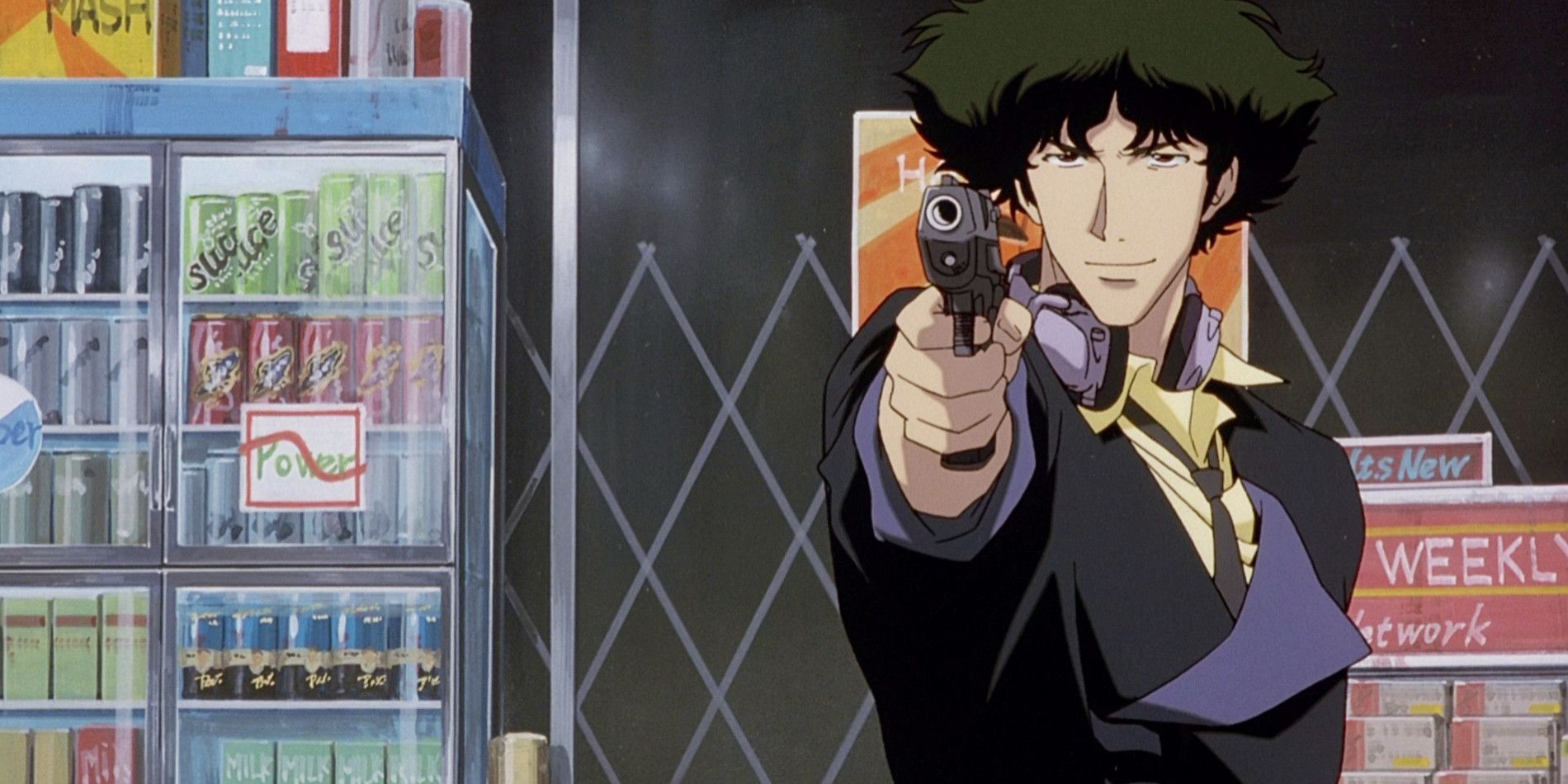 Spike points a gun in a store in Cowboy Bebop: The Movie.