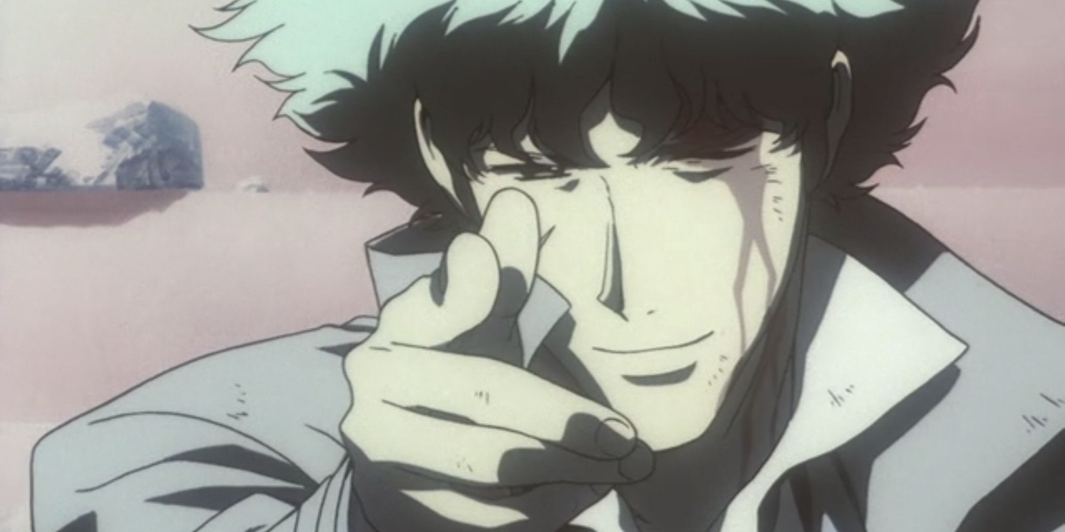 Spike points to the camera in Cowboy Bebop.