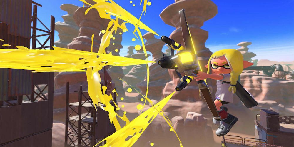 A character in Splatoon 3 shoots a point-filled arrow