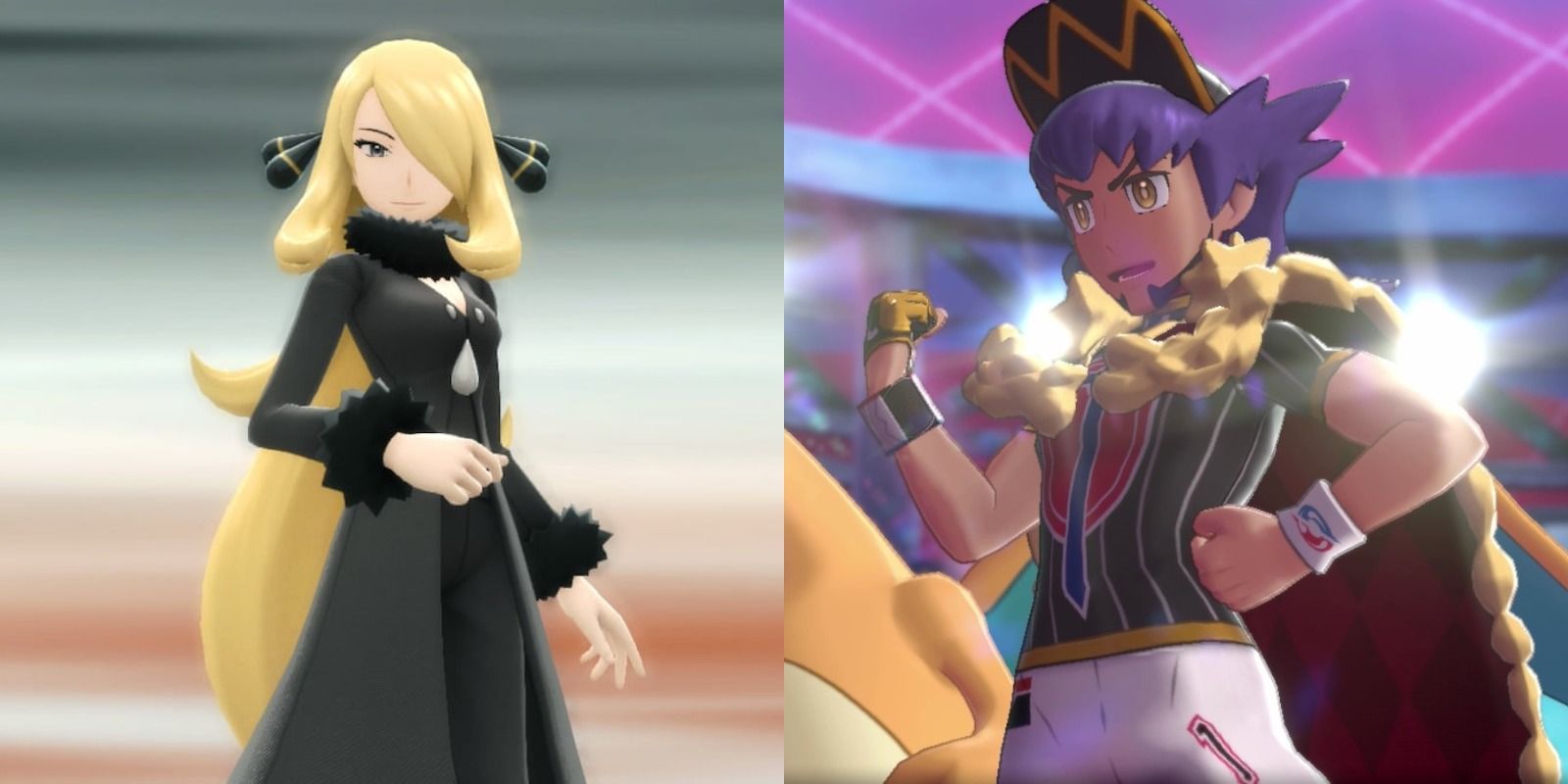 Split image of Cynthia in a black dress and Leon fist pumping in an arena from the Pokemon franchise