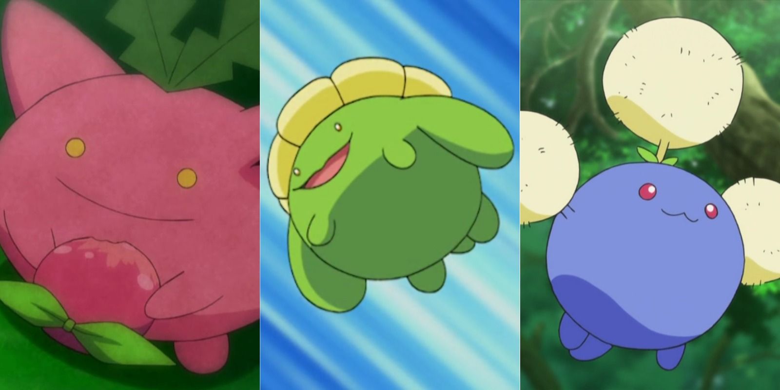 Split image of Hoppip, Skiploom, and Jumpluff from Pokemon