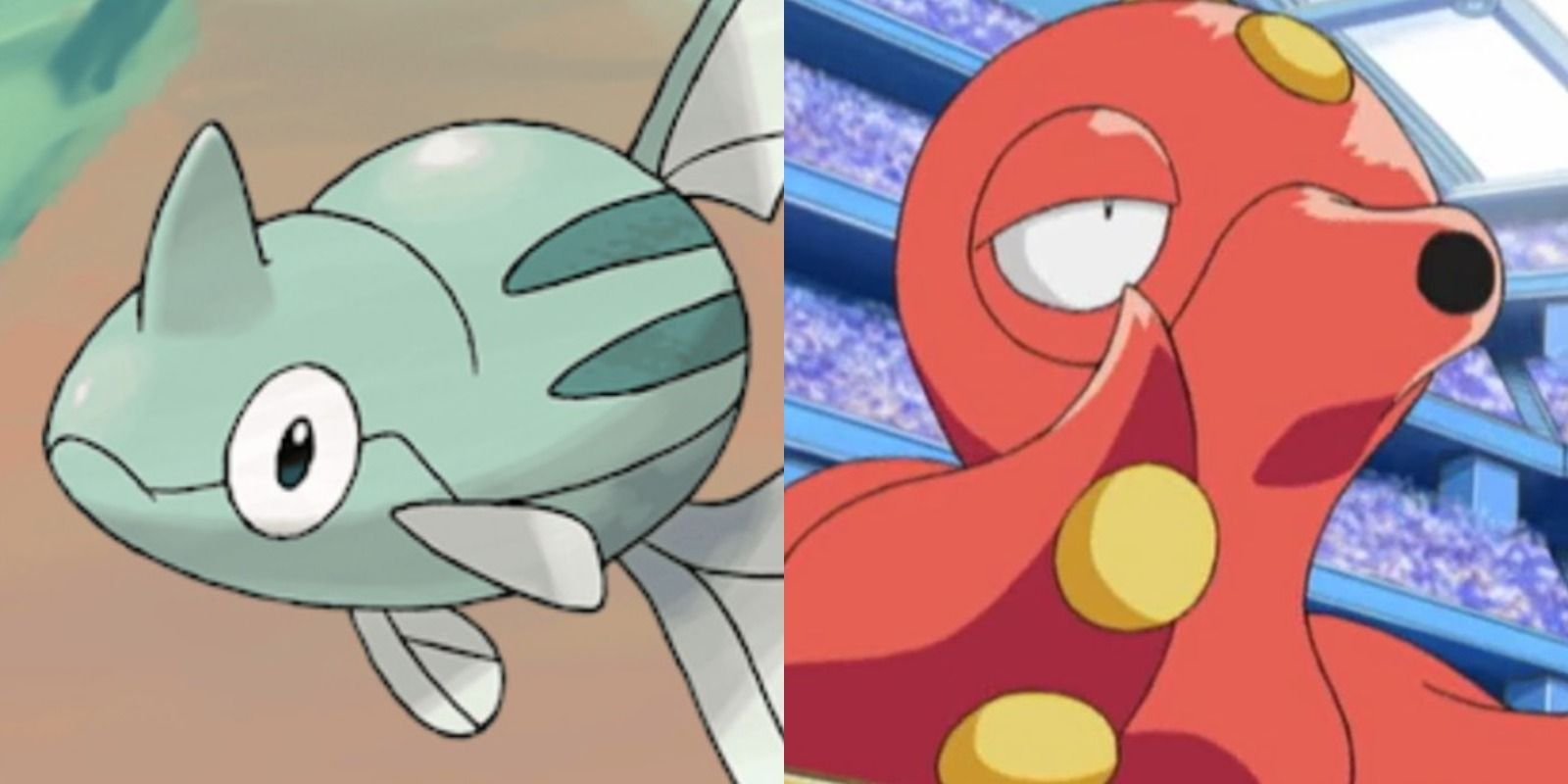 Split image of Remoraid and Octillery from Pokemon