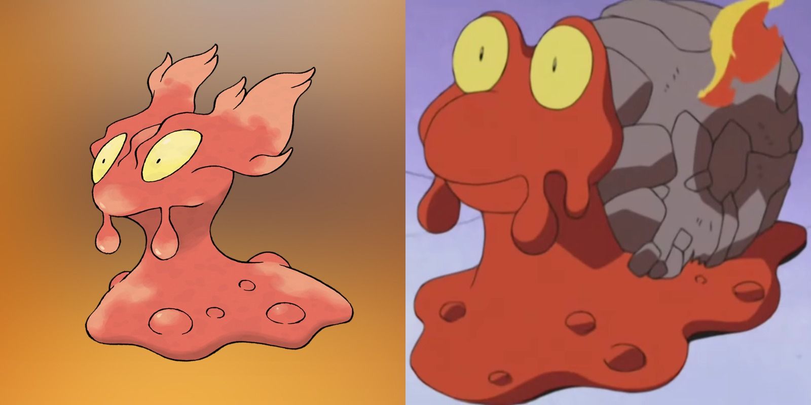 Split image of Slugma and Magcargo from Pokemon