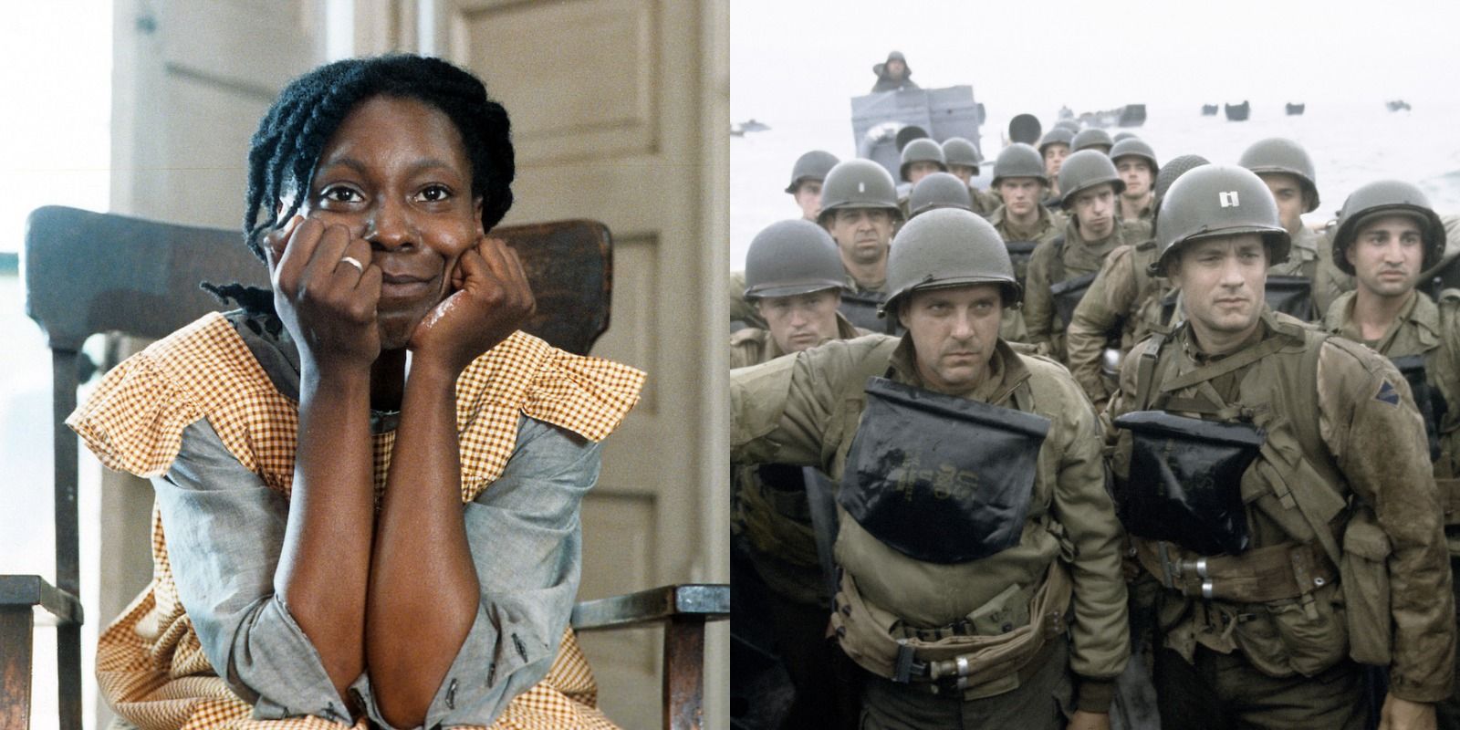 Split image of The Color Purple and Saving Private Ryan scenes