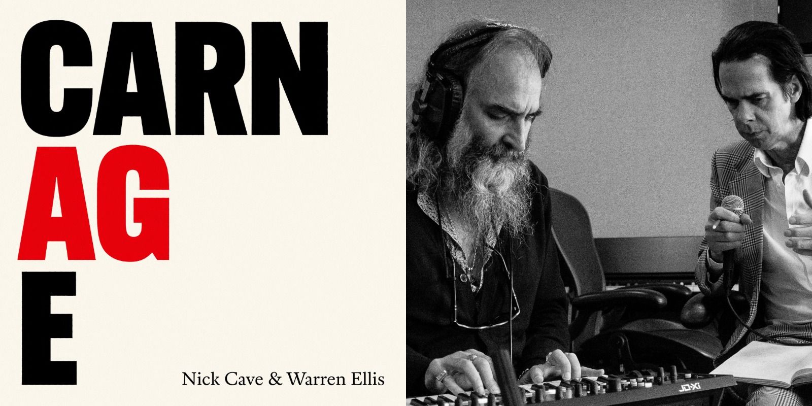 Split image of the album cover of Carnage and Nick Cave and Warren Ellis