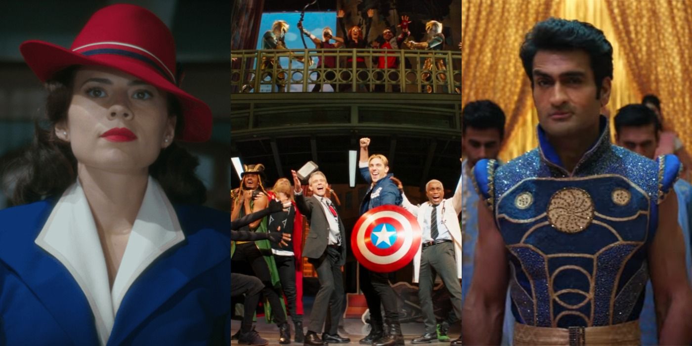 Split image of Agent Carter, Rogers the Musical and Kingo in MCU feature