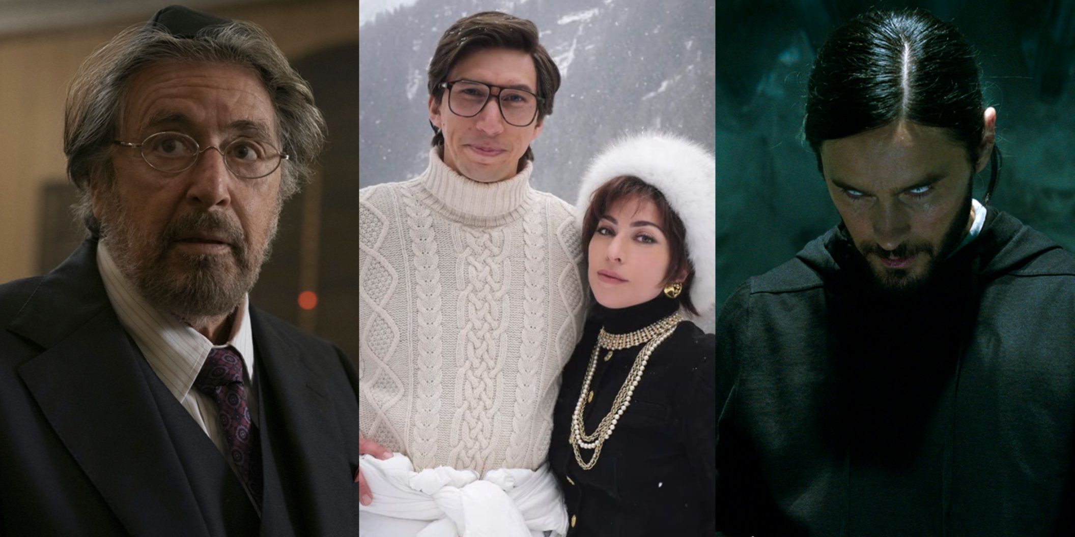 Split image of Al Pacino in Hunters, Adam Driver and Lady Gaga in House of Gucci, and Jared Leto in Morbius