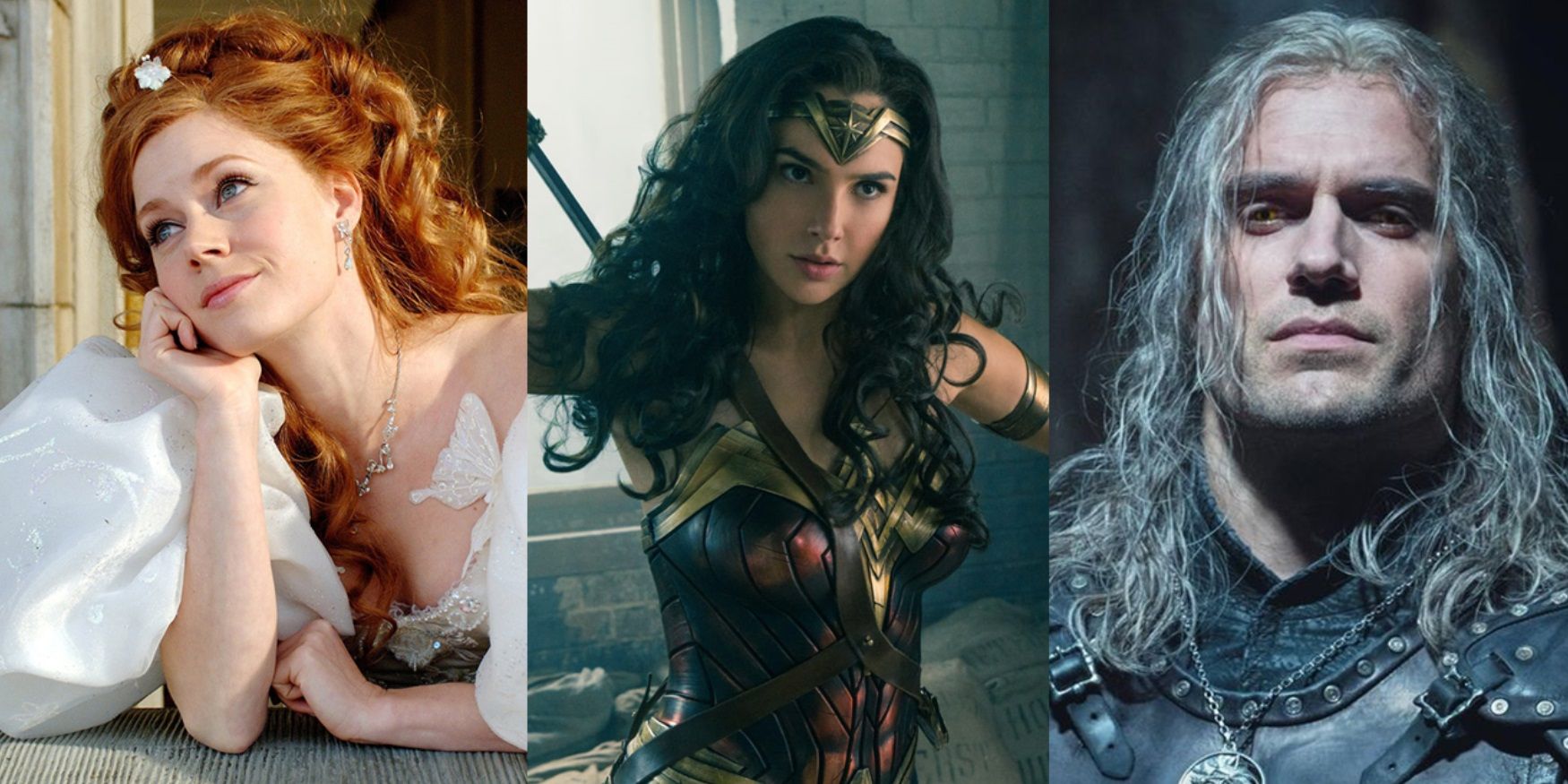 Split image of Amy Adams in Enchanted, Gal Gadot in Wonder Woman, and Henry Cavill in The Witcher
