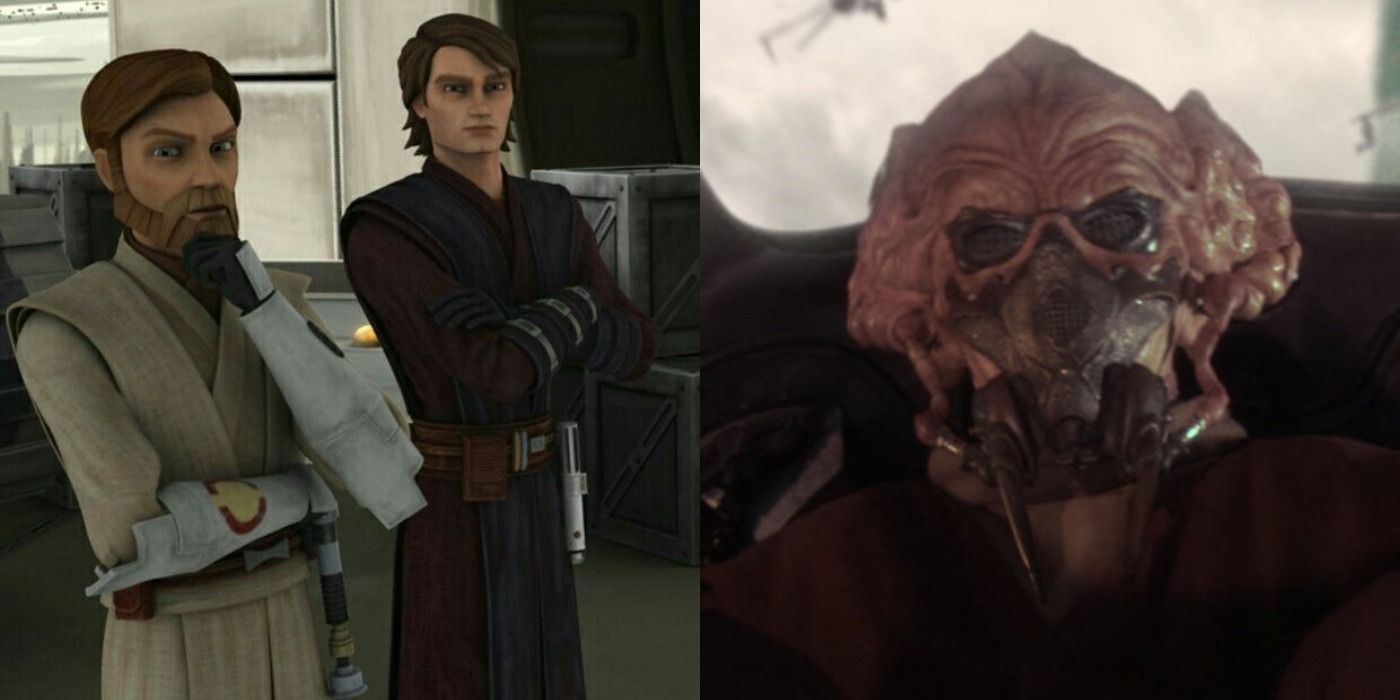 Split image of Anakin and Obi-Wan in The Clone Wars & Plo Koon in Star Wars