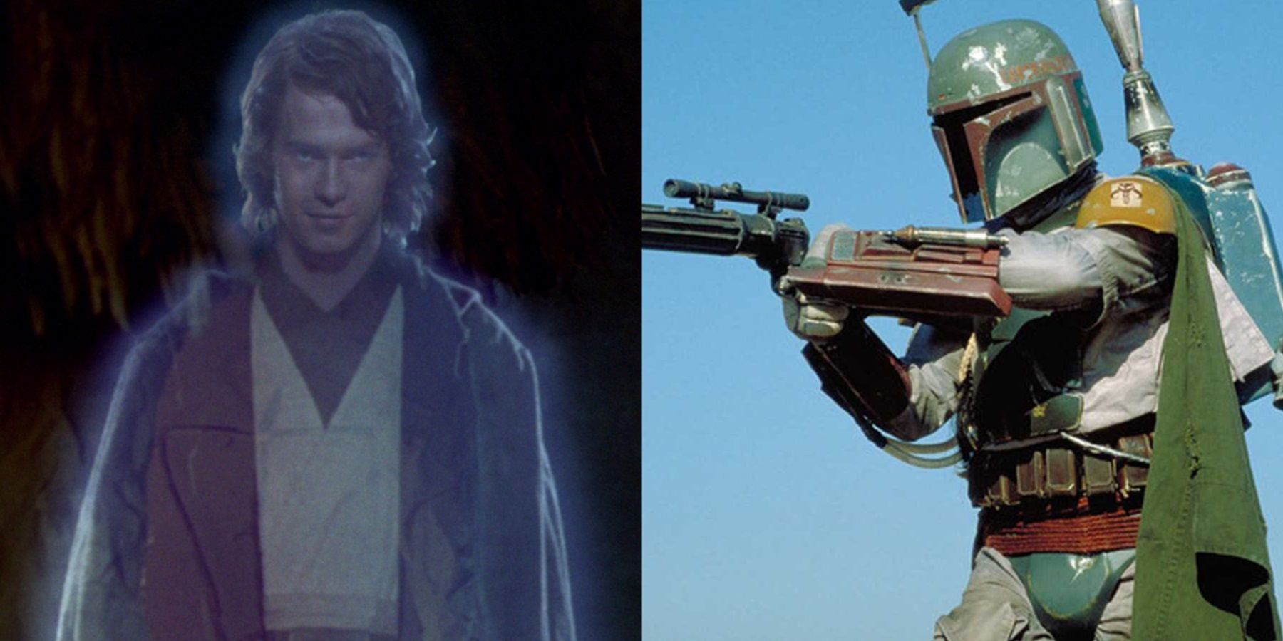 Split image of Anakin&rsquo;s Force ghost and Boba Fett with a blaster in Return of the Jedi