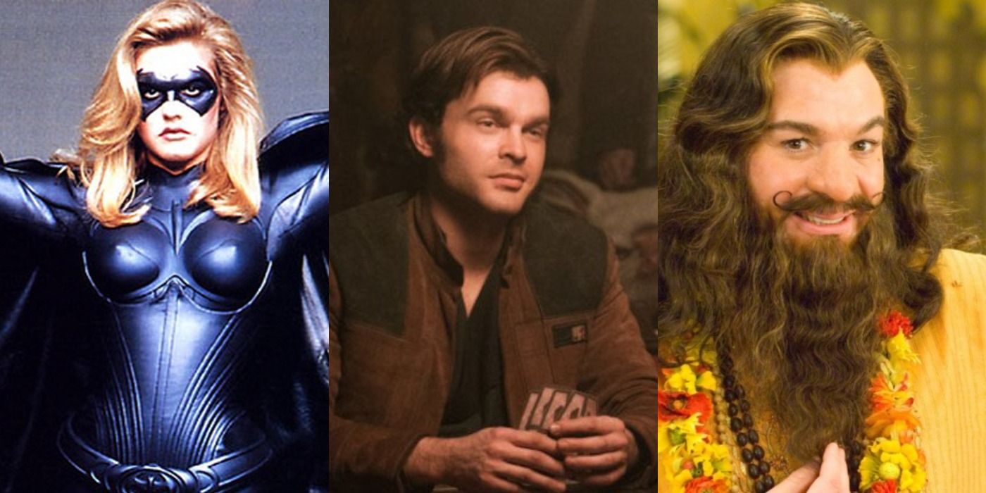 Split image of Batgirl in Batman &amp; Robin, Han Solo in Solo A Star Wars Story, and The Love Guru in The Love Guru