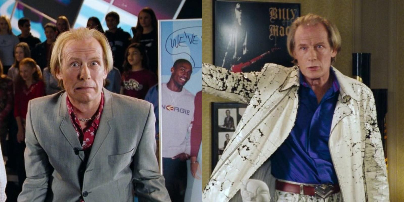 Split image of Billy Mack laughing and making an entrance in Love Actually