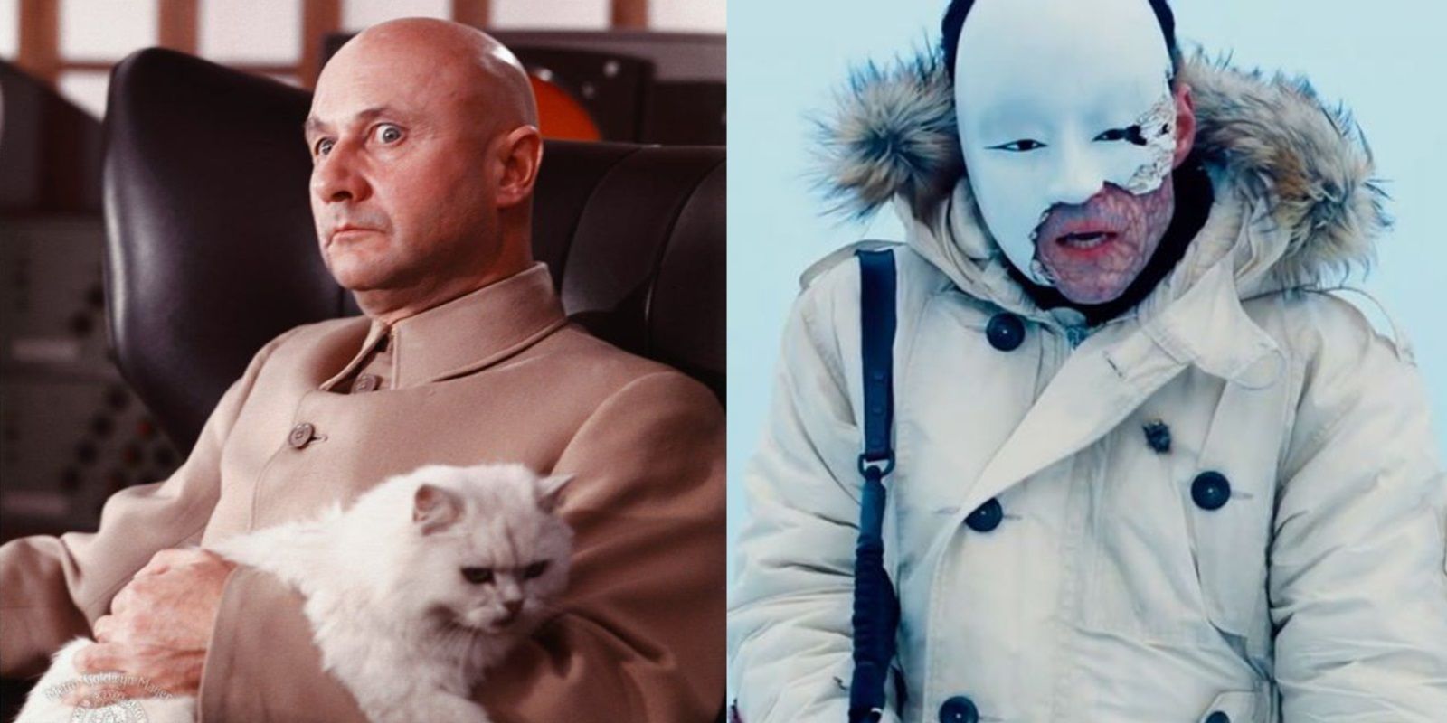 Split image of Blofeld stroking a cat and Safin wearing a mask