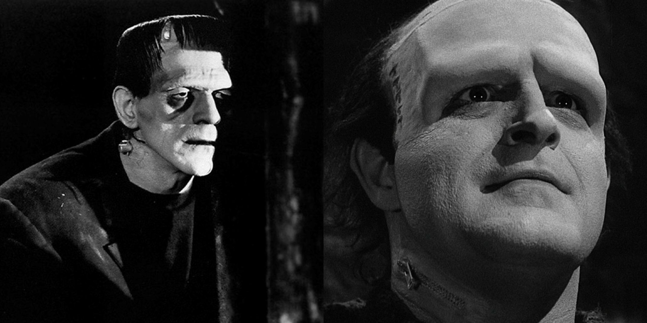 Split image of Boris Karloff and Peter Boyle as Frankenstein's monster