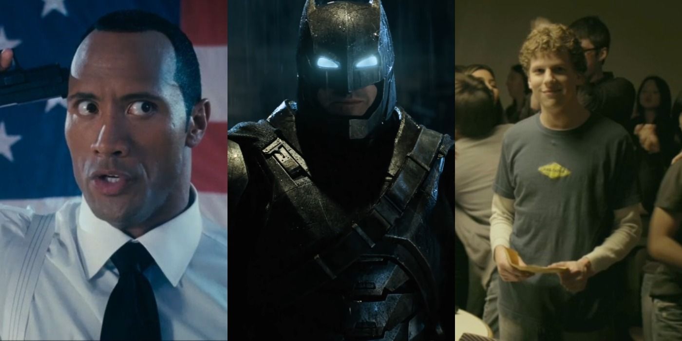 Split image of Boxer in Southland Tales, Batman in Batman v Superman, and Mark in The Social Network