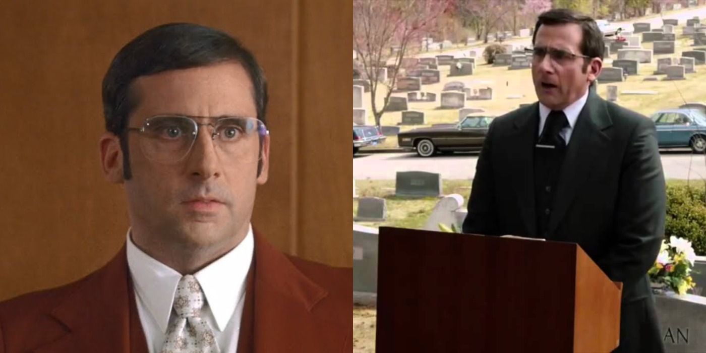 Split image of Brick in the office in Anchorman and Brick giving a Eulogy in Anchorman 2