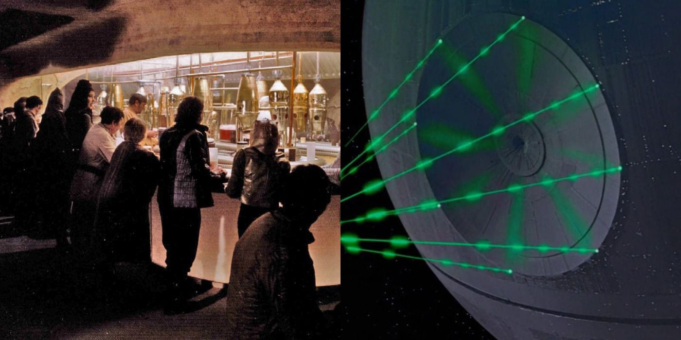 Split image of Chalmun's Cantina and the Death Star in Star Wars