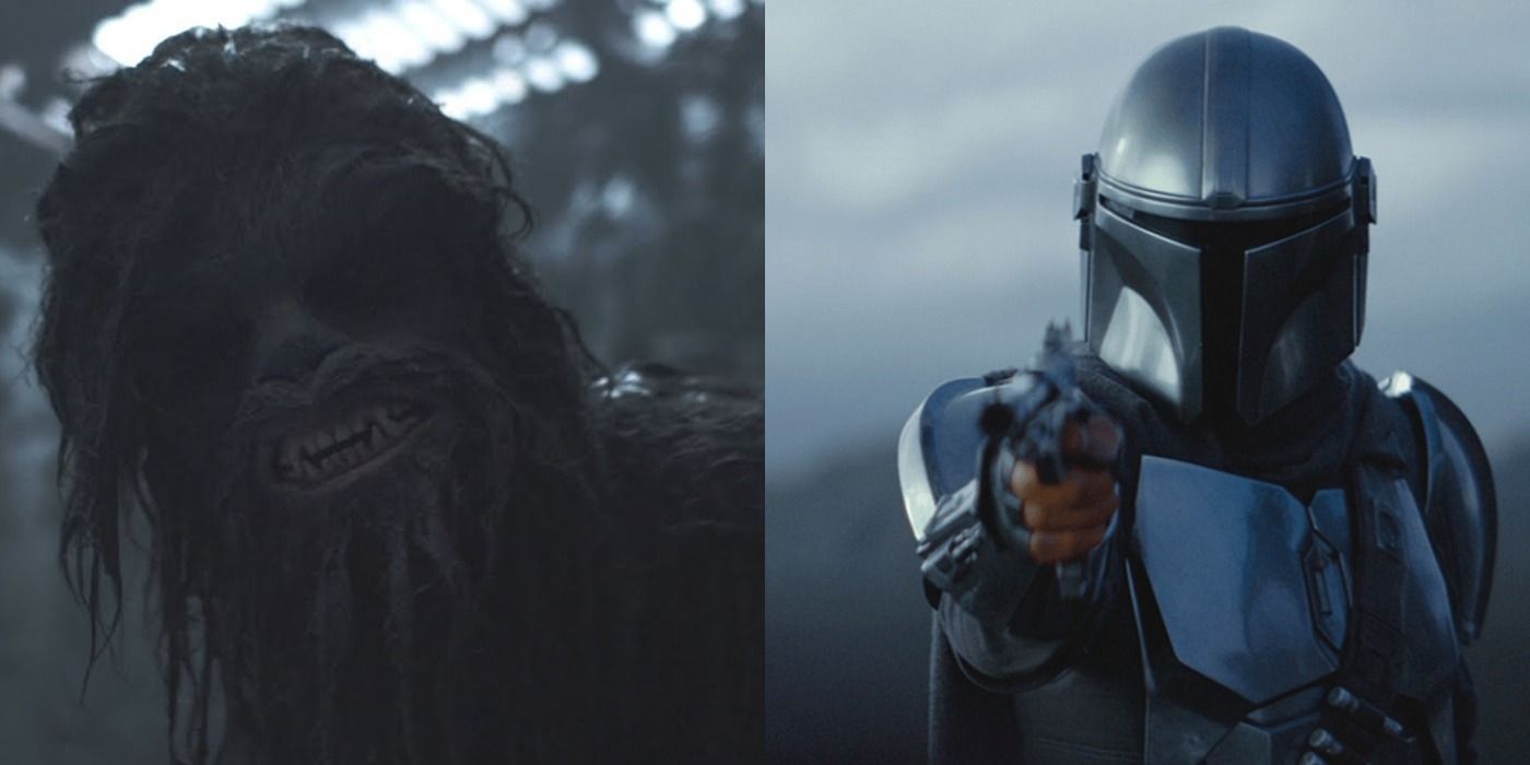 Split image of Chewbacca and Din Djarin in Star Wars