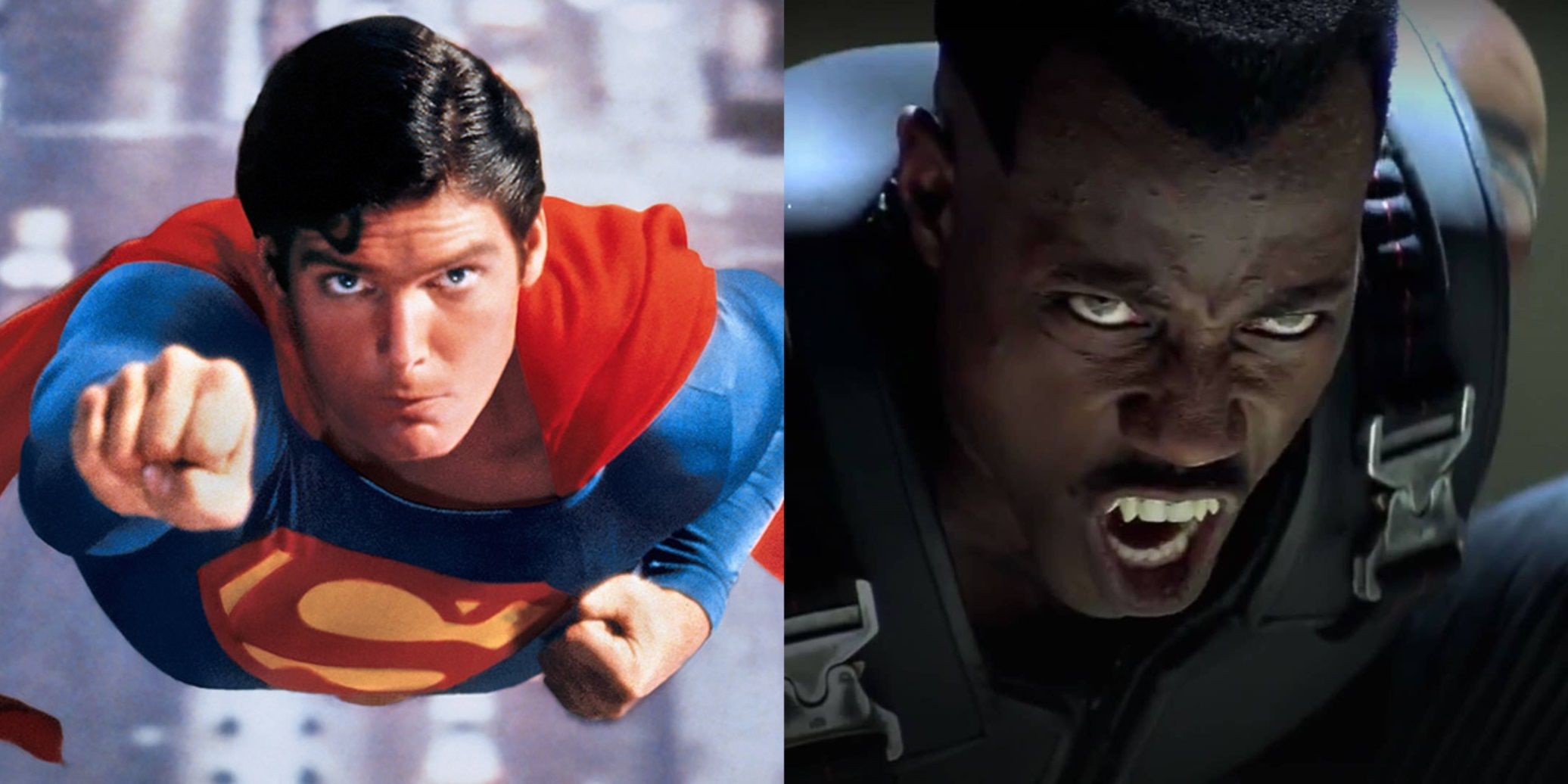 Split image of Christopher Reeve as Superman and Wesley Snipes as Blade
