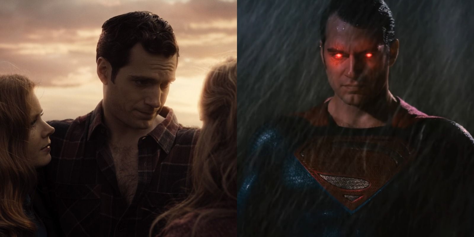 Split image of Clark Kent reuniting with Lois and Martha in Zack Snyder's Justice League and Superman readying his heat vision in Batman V Superman Dawn Of Justice