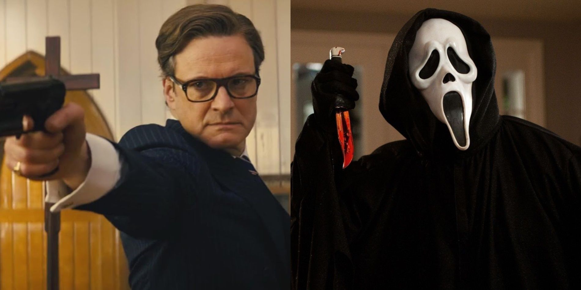 Split image of Colin Firth in Kingsman and the Ghostface killer in Scream