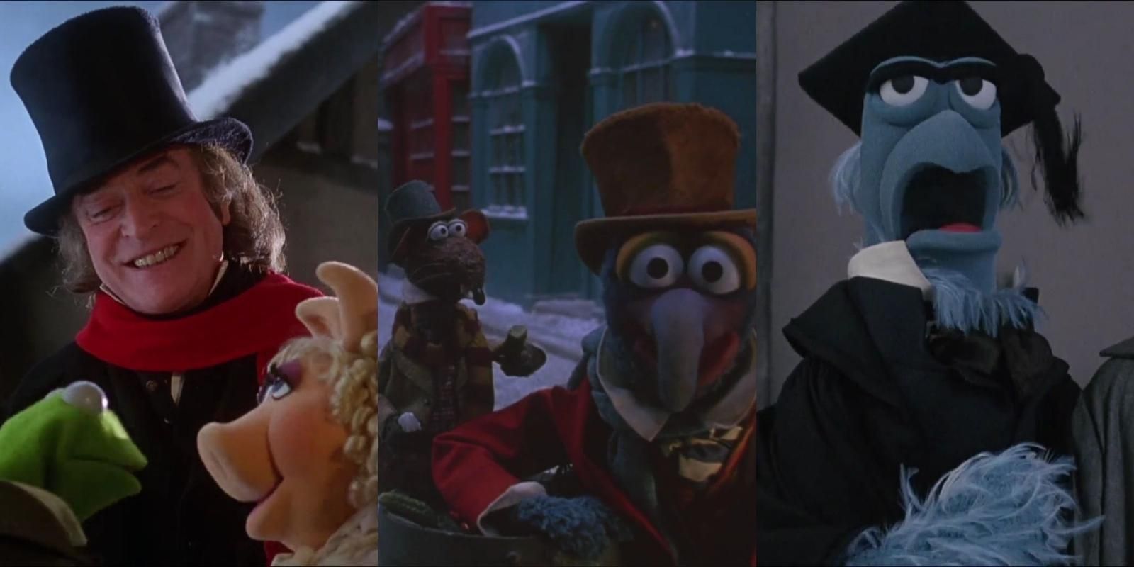 Split image of Ebenezer Scrooge smiling, Rizzo the Rat and Gonzo the Great in the street, and Sam Eagle speaking in The Muppet Christmas Carol