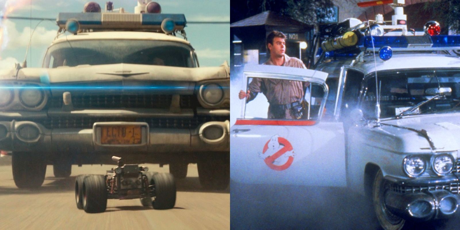 Split image of Ecto-1 driving through Summerville in Ghostbusters Afterlife and the Ghostbusters disembarking Ecto-1 in Ghostbusters 1984